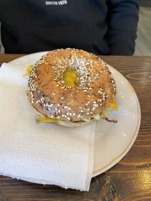 “Egg” bagel with avocado and lettuce and cheeze!  at GOOD Place in Wellington