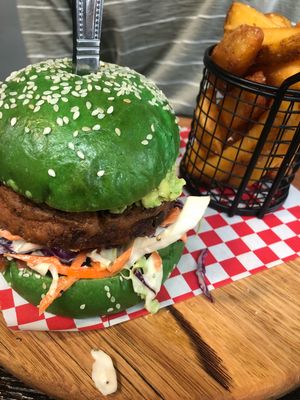 Another angle of vegan burger at Earthbound Bolton in Eltham