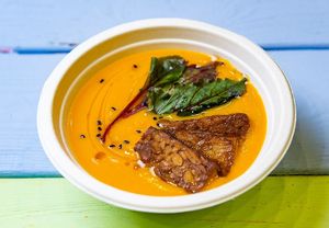 Carrot soup with smoked tempeh at Veggie Bar in Minsk