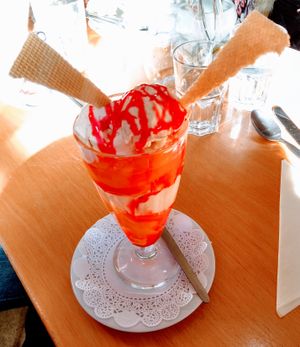 Peach melba (and tribute to nearby wind turbines?) at Boyndie Visitor Centre in Banff