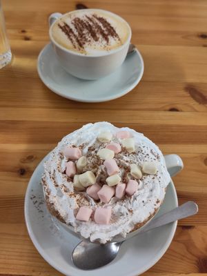 Hot chocolate with whipped cream and marshmallows/cappuccino #Veganuary at The Sly Fox in Edinburgh