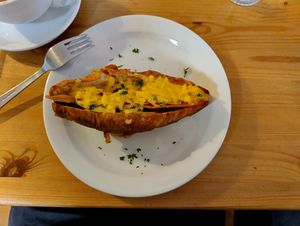 Salty filled croissant with bacn and vegan cheese #Veganuary at The Sly Fox in Edinburgh
