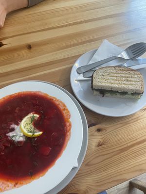 Borscht with half a Reuben sandwich   at The Sly Fox in Edinburgh