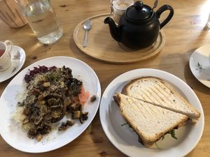 Mushroom bruschetta, pastrami toastie, sea buckthorn tea ♥️  at The Sly Fox in Edinburgh