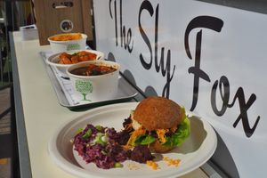 Food line-up: seitan burger, goulash, scrambled tofu with smoked "salmon" and mac'n'cheese.  at The Sly Fox in Edinburgh