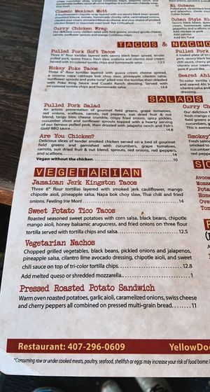 menu july 2022. top two are vegan, third can be modified, and fourth is only vegetarian   at Yellow Dog Eats in Windermere