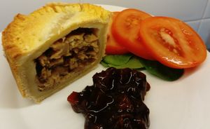 Vegan pork pies made in the traditional way. Delicious served with salad and chutney. Hot water pastry filled with delicious seitan pork and jelly.   at The Vegan Skinhead in Fochabers