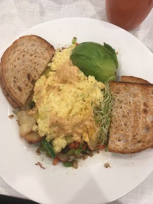 Vegan chipotle bowl with follow your heart cheese and just egg at Anna's House in Kalamazoo