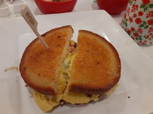 Breakfast sandwich with chipotle aioli added at Anna's House in Kalamazoo