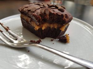 Best brownie ever!!! Soft and this caramel... Hmmmmm!!! at KIRAS - Pylimo in Vilnius