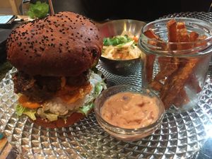 Korean burger + sweet potato fries at Byczyn in Poznan