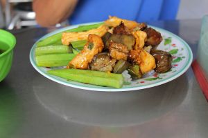 Lady fingers, stir fried tofu, aubergines, rice. at Quang Minh in Ho Chi Minh City