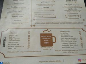 drinks menu at Bajo Bakery in 