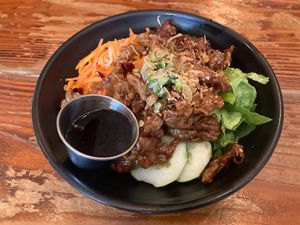 Vegan rice dish with soy protein  at Saigon Shack in New York City