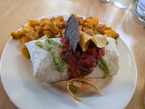 Vegan burrito with home fries at Sunny Point Cafe in Asheville