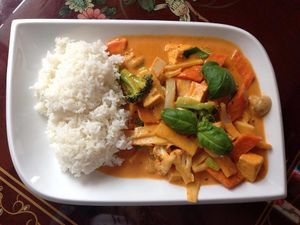 Tofu and veggies in Thai-Curry-Coconutmilke Sauce - served with rice (very spicy) at Pacific House in Hannover