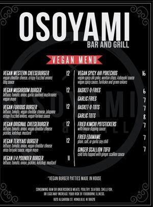 Most current menu as of 26SEP2023  at Osoyami Bar and Grill in Honolulu