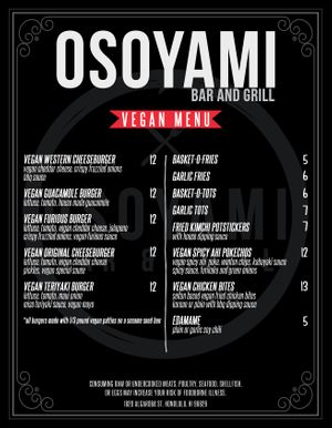 Vegan Menu as of 6/15/19 at Osoyami Bar and Grill in Honolulu