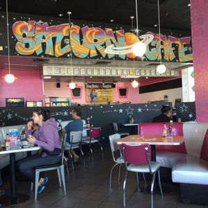 Seating area in front of bar at Saturn Cafe in Santa Cruz
