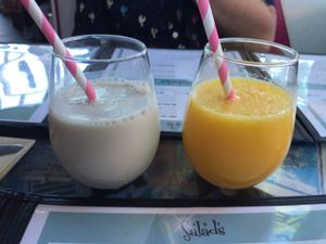 Almond milk and orange juice at Saturn Cafe in Santa Cruz