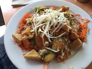 Peanut sauce tofu, vegetables, rice at Saturn Cafe in Santa Cruz