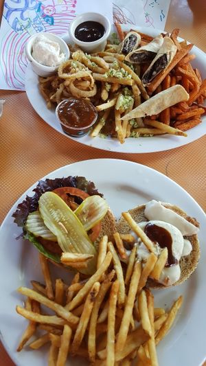 sampler and vegan bbq ranch burger with french fries at Saturn Cafe in Santa Cruz
