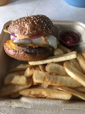 Impossible burger w/ steak cut fries at Saturn Cafe in Santa Cruz