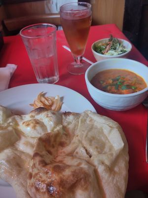 Lunch set with mix vegetable curry, naan, salad, and oolong tea. at Downtown B's - ダウンタウン ビーズ in Tokyo