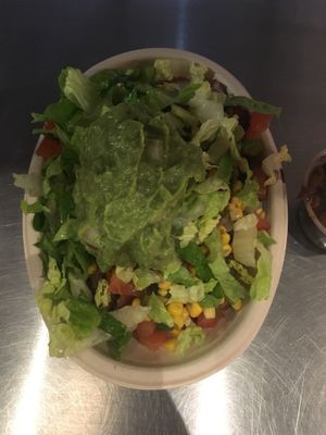 Burrito bowl with sobroso (soya chunks in special marinade), corn salsa, additional guacamole, black beans, brown rice, tomato salsa at Tolteca in Dublin