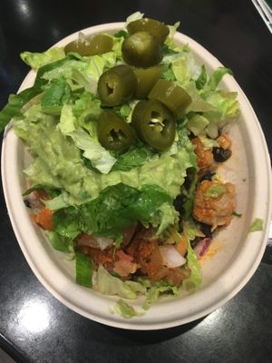Vegan burrito bowl with sobrosso, black beans, tula salsa, brown rice and guacamole  at Tolteca in Dublin