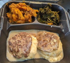 Salisbury steak with yams and greens at ITSO Vegan in Grand Prairie