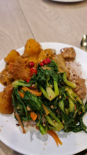 Rice with 3 random dishes.. delicious! at So Vegan - Gateway Ekkamai in Bangkok