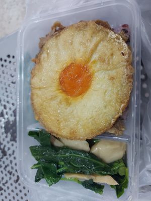 Rice with 3 toppings and fake egg at So Vegan - Gateway Ekkamai in Bangkok