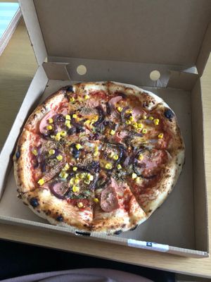 Vegan margharita with vegan ham, caramelised onions, sweet corn and chilli flakes 😍 at Pizza Triangle in Newcastle-under-lyme