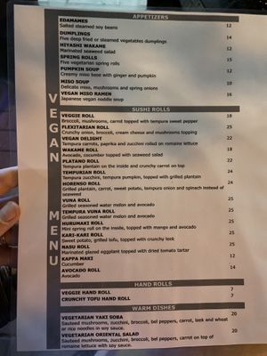 Vegan menu at Temari Sushi in Willemstad