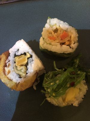 3 different vegan rolls  at Temari Sushi in Willemstad