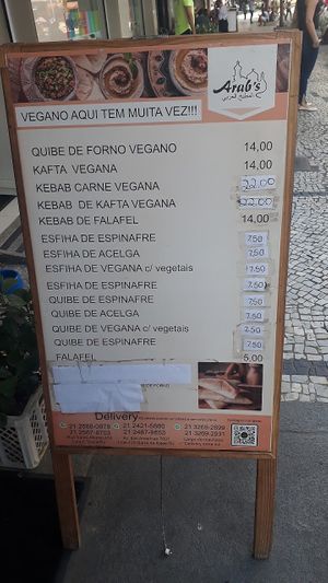 Menú vegano at Arab's in Rio De Janeiro