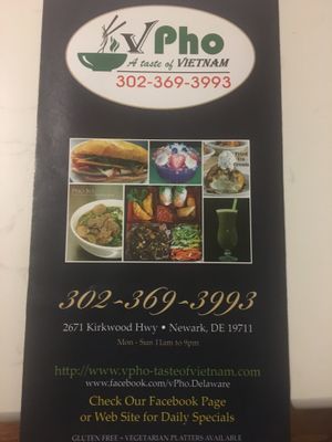 Menu at vPho in Newark