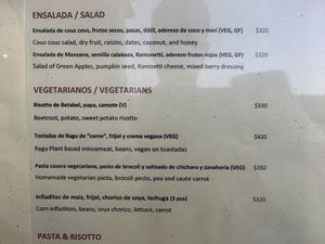 These is all they offer. It’s 5% percent of their menu. Quite overpriced for vegan options. Basically every dish is paired with non vegan dishes. The whole place smells like fish at Planta Baja Restaurant in Ensenada