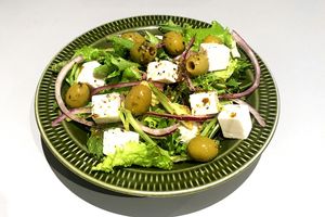 "Feta" Salad with Olives and Oregano dressing at Dauns in East London