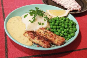 Tofish fingers with Mash, Danish Remoulade and Garden Peas at Dauns in East London