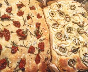 Sundried Tomato & Rosemary Foccacia. Olives & Onion Foccacia at Dauns in East London
