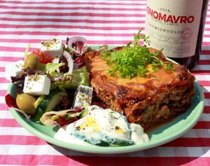 Moussaka, Greek style salad and Tzatziki at Dauns in East London