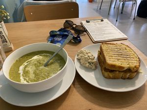 Vegan pea soup + H*M toastie with some extras from the kind chef!  at Dauns in East London