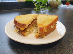 Seitan and dill saurkraut toastie with mustard at Dauns in East London