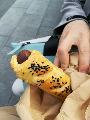 Sausage in a roll at Dauns in East London