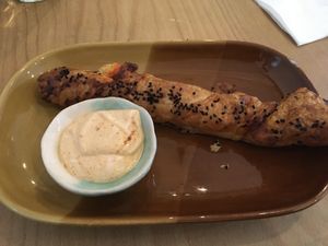 Cheese twist with harissa mayo  at Dauns in East London