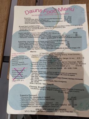 Food menu at Dauns in East London
