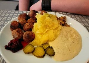 Swedish meatballs and mash with gravy and gherkins at Dauns in East London