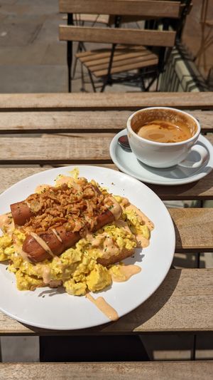 Scrambled tofu toast and oat flat white. Phenomenal. £10.30 total. at Dauns in East London